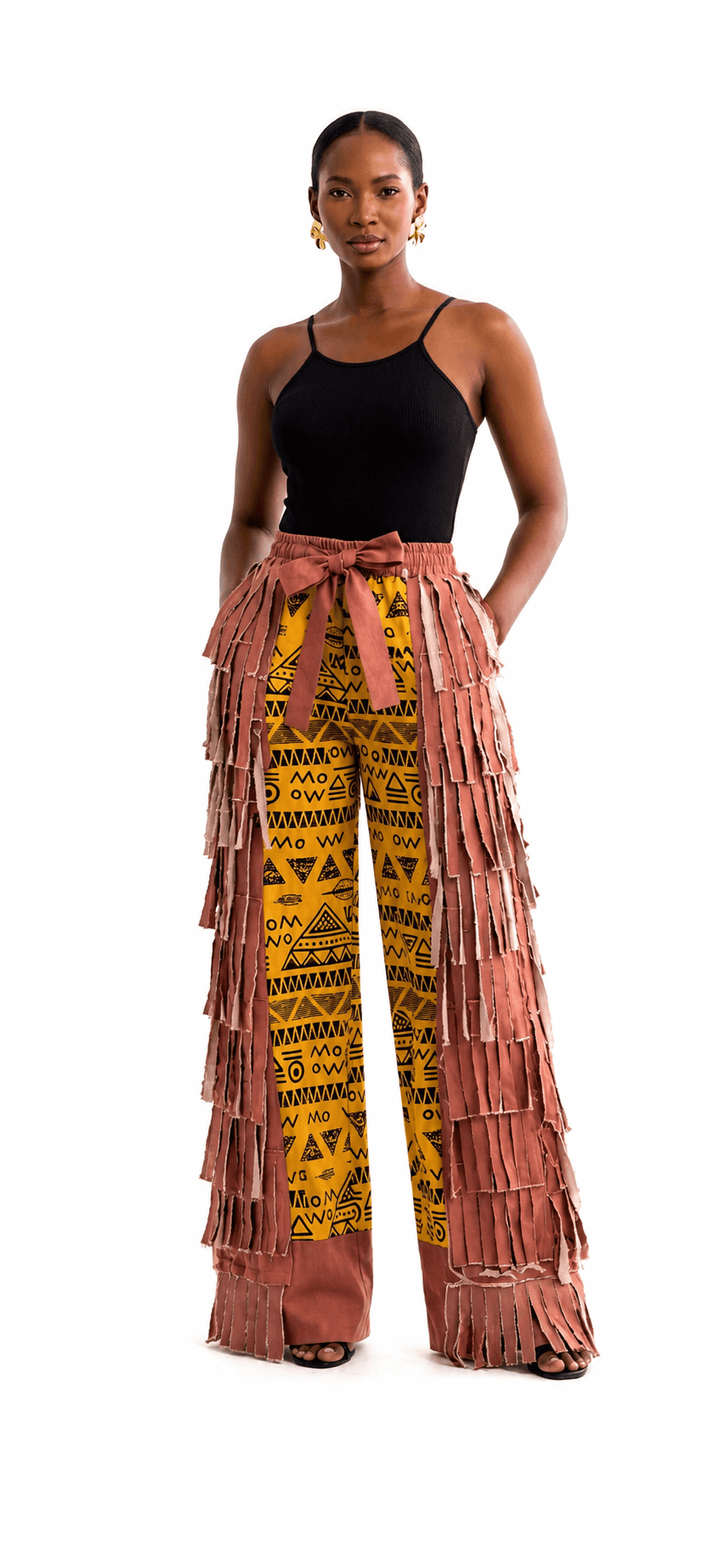 Mustard African Print Fringe Wide-Leg Pants