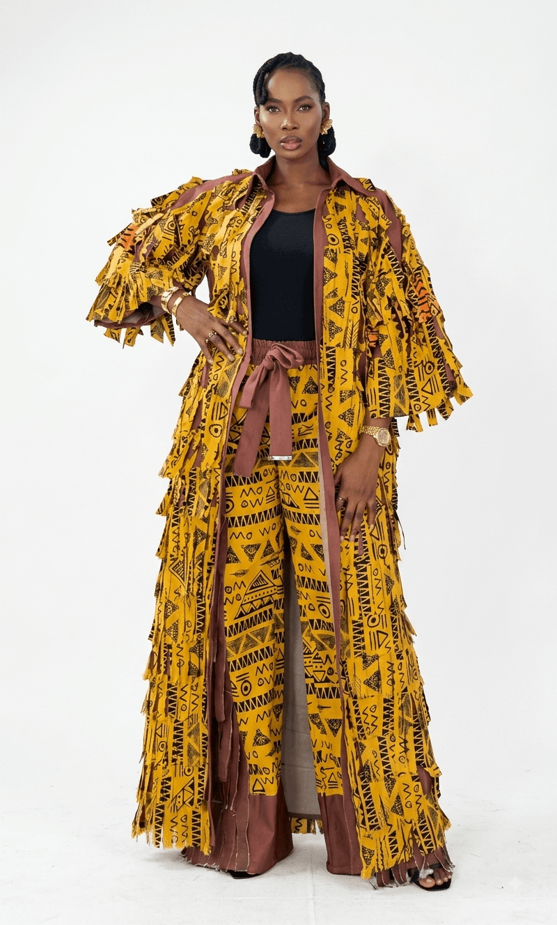 Mustard African Print Fringe Longline Jacket & Wide-Leg Pants Set
