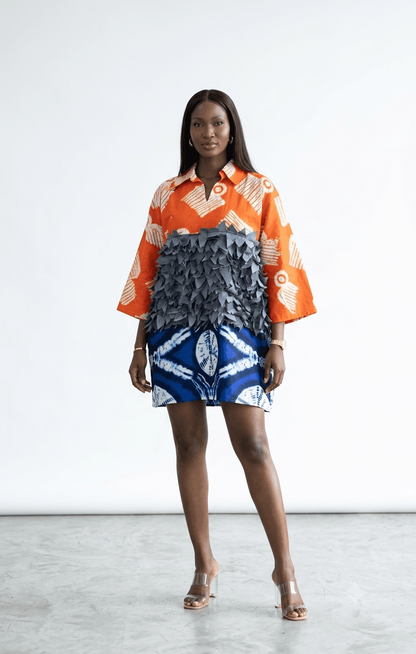 Orange Print & Blue Textured Panel Two-Piece Set